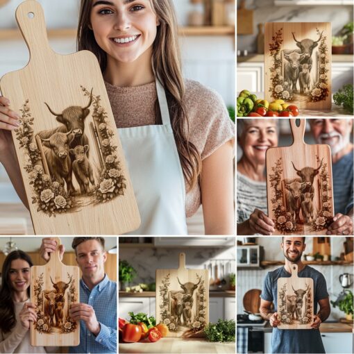 Highland Cow Family Charcuterie Board Laser Engraving Bundle,