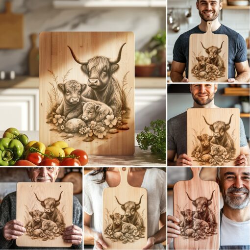 Highland Cow Family Charcuterie Board Laser Engraving Bundle,
