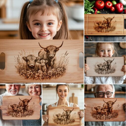 Highland Cow Family Charcuterie Board Laser Engraving Bundle,