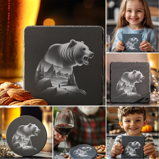 Wild Animal Double Exposure Slate Coaster Engraving Designs,