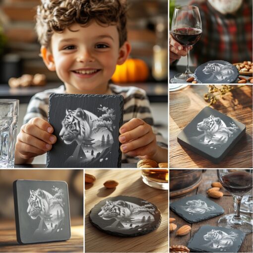 Wild Animal Double Exposure Slate Coaster Engraving Designs,