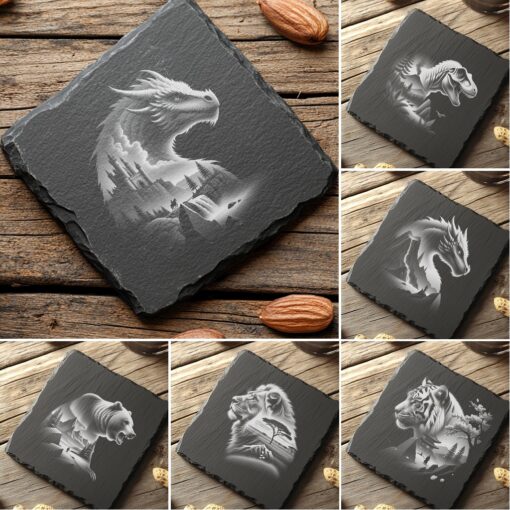 Wild Animal Double Exposure Slate Coaster Engraving Designs,