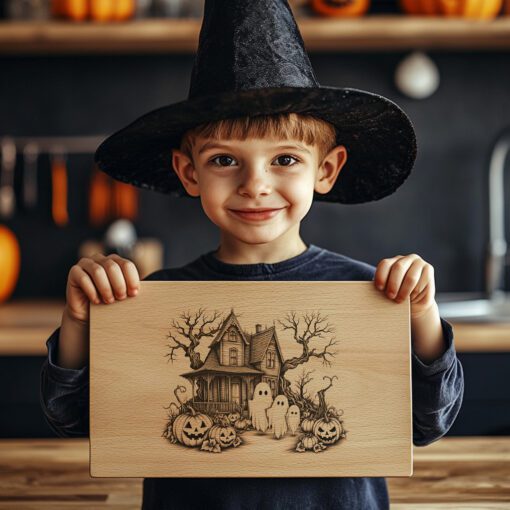 Halloween Wurstplatte Gravurdatei, Spukhaus Geisterfamilie Design – Bild 3