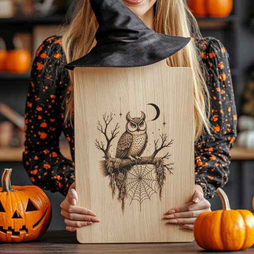 Halloween Charcuterie Board Engraving File, Owl on Branch,