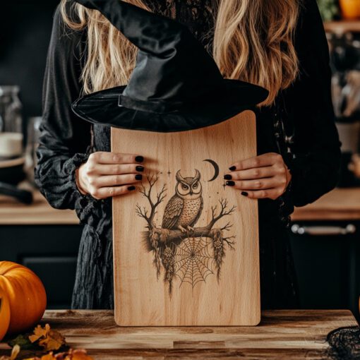 Halloween Charcuterie Board Engraving File, Owl on Branch,