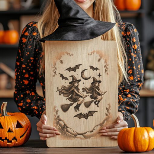 Halloween Charcuterie Board Gravurdatei, Hexen- und Fledermaus-Silhouette Design – Bild 3