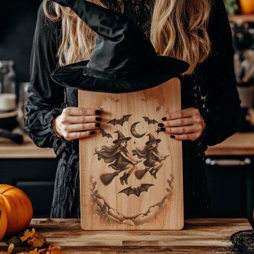 Halloween Charcuterie Board Gravurdatei, Hexen- und Fledermaus-Silhouette Design – Bild 4