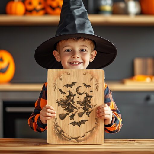 Halloween Charcuterie Board Engraving File, Witch and Bat
