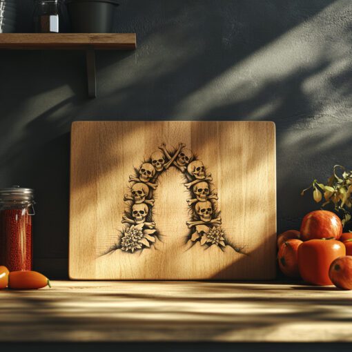 File laser per incisione tagliere charcuterie di Halloween, design spettrale con portale di ossa. - immagine 2