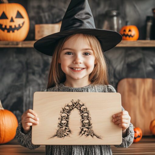File laser per incisione tagliere charcuterie di Halloween, design spettrale con portale di ossa. - immagine 4