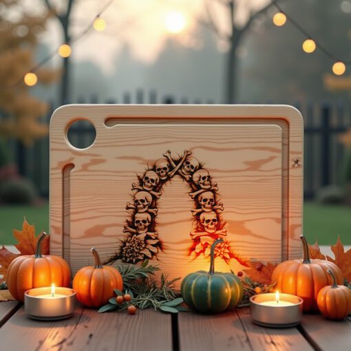 File laser per incisione tagliere charcuterie di Halloween, design spettrale con portale di ossa. - immagine 5