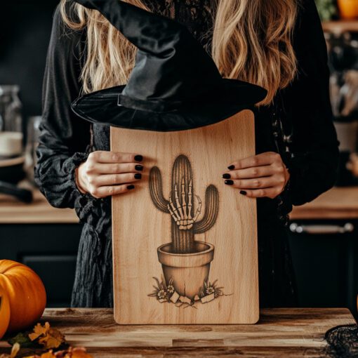 File per incisione laser per tagliere da salumi di Halloween, design cactus mano di zombie, decorazioni per feste - immagine 2