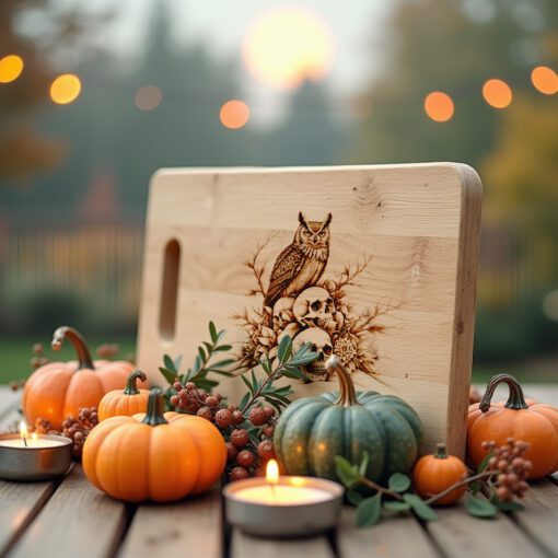 Tagliere di salumi di Halloween, Gufo su teschi, Decorazioni uniche, Design con incisione laser - immagine 2
