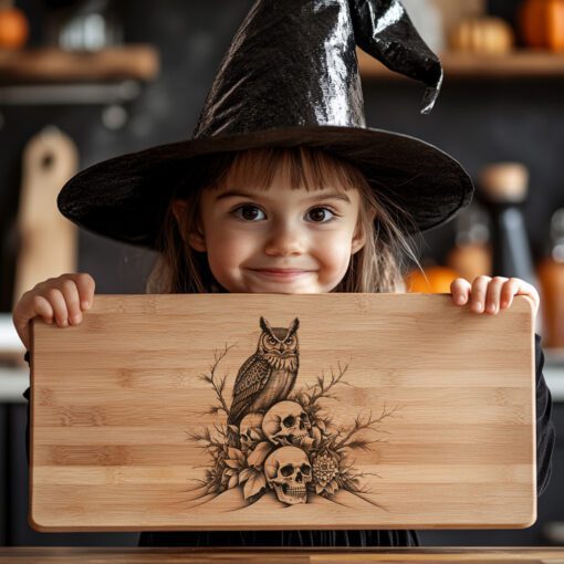 Tagliere di salumi di Halloween, Gufo su teschi, Decorazioni uniche, Design con incisione laser - immagine 3