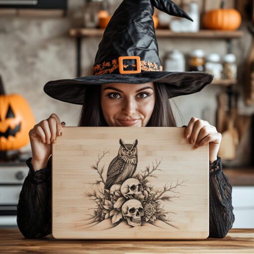 Tagliere di salumi di Halloween, Gufo su teschi, Decorazioni uniche, Design con incisione laser - immagine 4