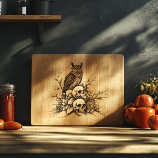 Tagliere di salumi di Halloween, Gufo su teschi, Decorazioni uniche, Design con incisione laser - immagine 5