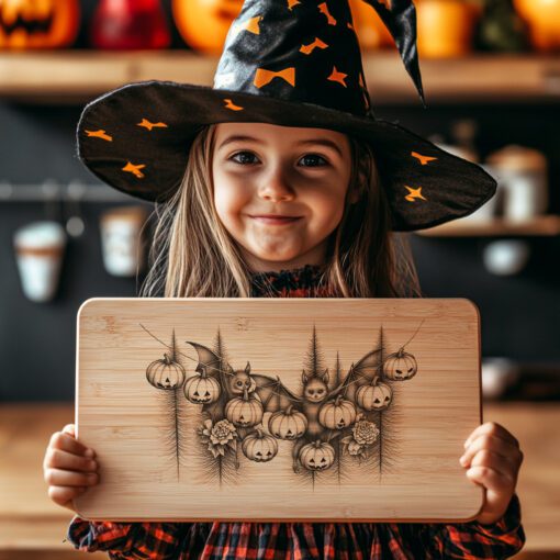 File per incisione laser di Halloween, design per tagliere con pipistrelli e luci di zucca - immagine 3