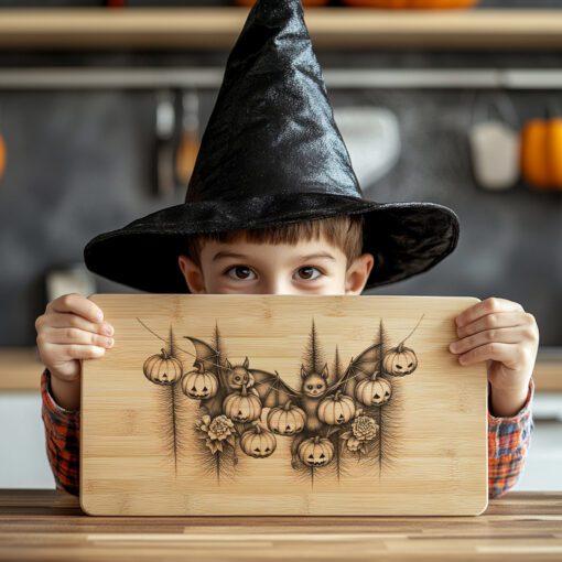 File per incisione laser di Halloween, design per tagliere con pipistrelli e luci di zucca - immagine 4