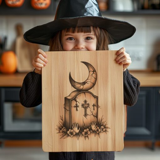 Halloween Laser Engraving File, Crescent Moon Tombstone Charcuterie