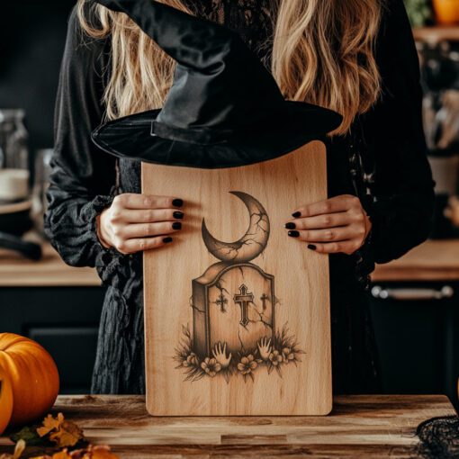 Halloween Laser Engraving File, Crescent Moon Tombstone Charcuterie