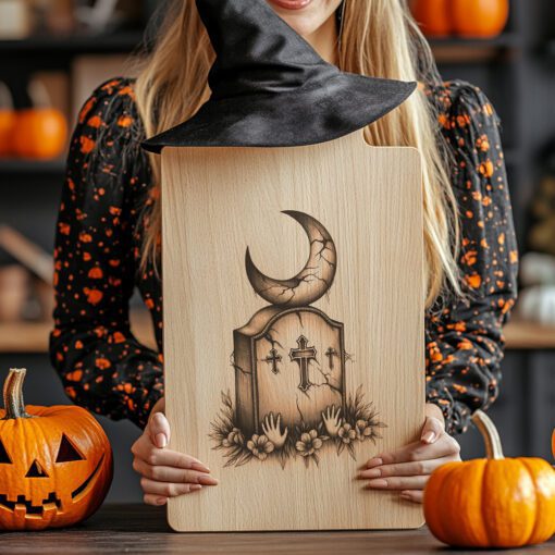 Halloween Laser Engraving File, Crescent Moon Tombstone Charcuterie