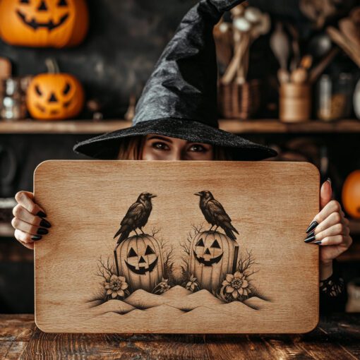 Tagliere di salumi Zucca di Halloween con Corvo, File Incisione Spettrale, Decorazioni Autunnali - immagine 2