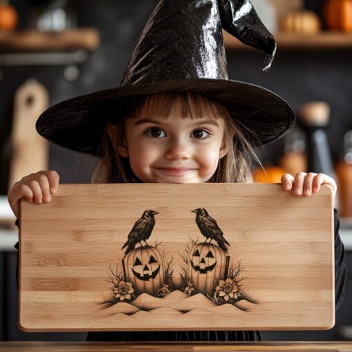 Halloween Pumpkin Raven Charcuterie Board, Spooky Engraving File,