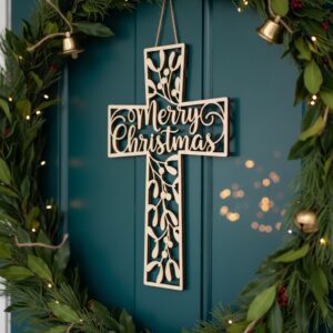 Christmas Cross Door Hanger, Laser Mistletoe Sign, Christian