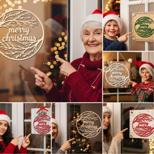 Paquete de colgantes navideños para puerta, 6 letreros festivos cortados a láser, decoración redonda de bienvenida para Glowforge. - Imagen 2