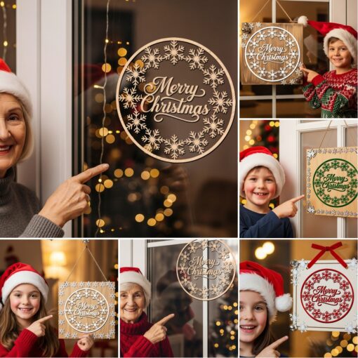 Paquete de colgantes navideños para puerta, 6 letreros festivos cortados a láser, decoración redonda de bienvenida para Glowforge. - Imagen 4
