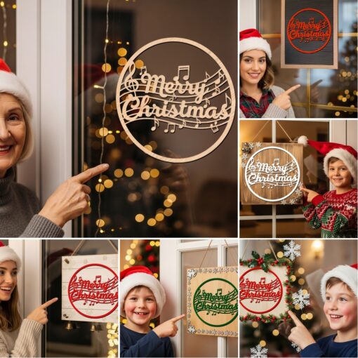 Paquete de colgantes navideños para puerta, 6 letreros festivos cortados a láser, decoración redonda de bienvenida para Glowforge. - Imagen 6