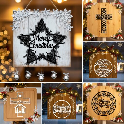 Christmas Door Hanger Bundle, 6 Festive Laser Signs,