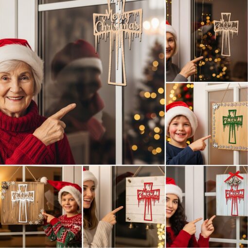 Paquete de colgantes navideños para puerta, 6 letreros redondos festivos, archivos láser para Glowforge - Imagen 5