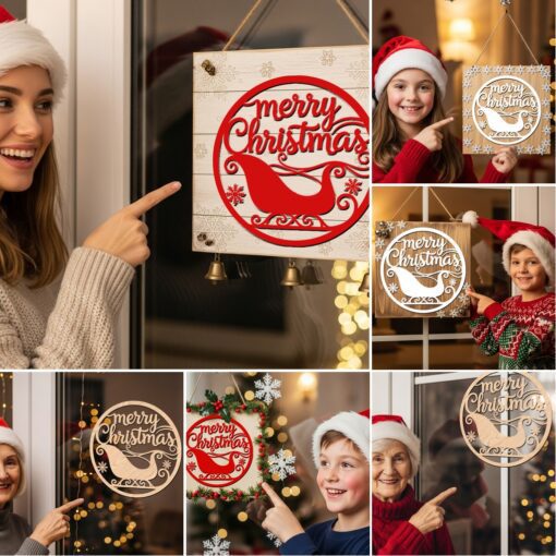 Paquete de colgantes navideños para puerta, 6 letreros redondos festivos, archivos láser para Glowforge - Imagen 3