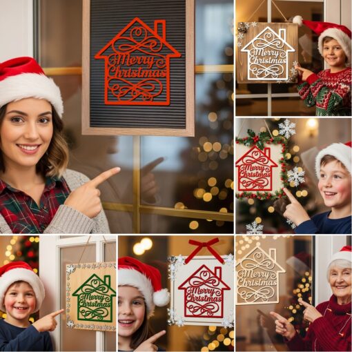 Paquete de colgantes navideños para puerta, 6 letreros redondos festivos, archivos láser para Glowforge - Imagen 4