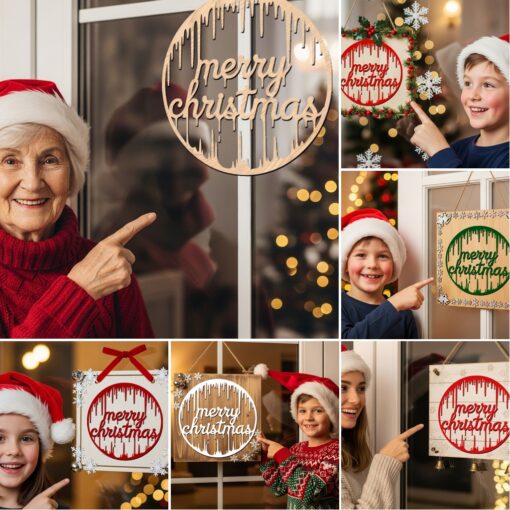 Paquete de colgantes navideños para puerta, 6 letreros redondos festivos, archivos láser para Glowforge - Imagen 6
