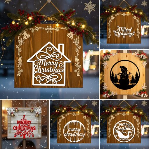 Christmas Door Hanger Bundle, 6 Round Holiday Signs,
