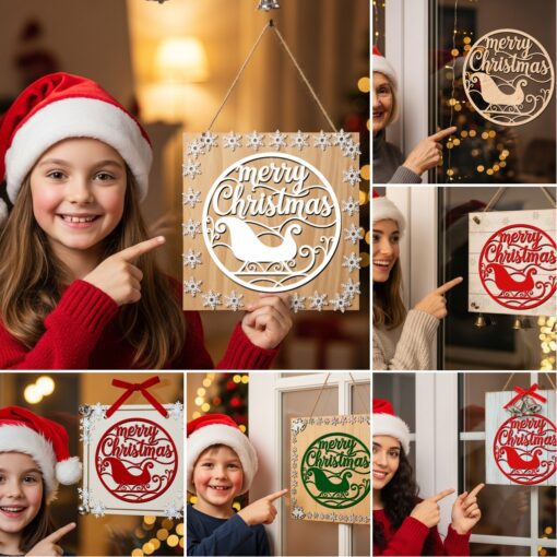 Paquete de colgantes navideños para puerta, 6 letreros redondos festivos, archivos láser para Glowforge - Imagen 3