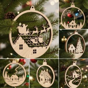 Christmas Ornament Bundle, 6 Winter House Laser Files,