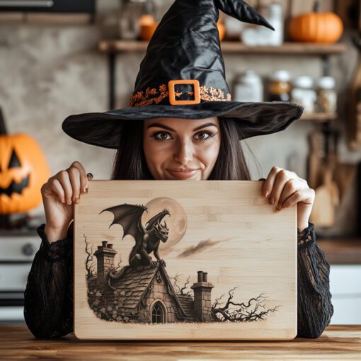 Archivo de grabado láser de gárgola, tabla de charcutería de Halloween, diseño gótico para servir. - Imagen 4