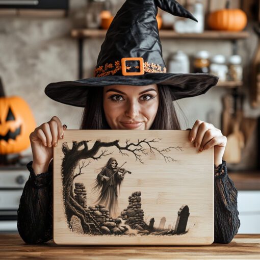 Archivo de grabado láser de violinista gótico embrujado, arte para tabla de charcutería de Halloween - Imagen 3