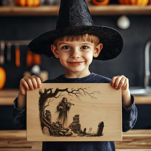 Archivo de grabado láser de violinista gótico embrujado, arte para tabla de charcutería de Halloween - Imagen 4