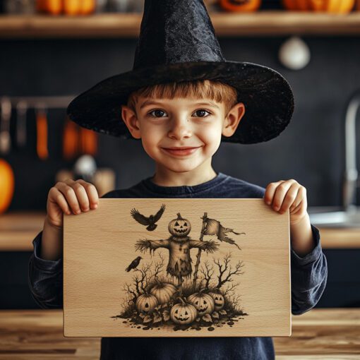 Archivo de Grabado para Tabla de Charcutería de Halloween, Diseño de Espantapájaros Embrujado con Calabaza - Imagen 2