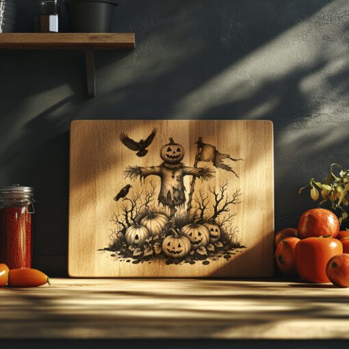 Archivo de Grabado para Tabla de Charcutería de Halloween, Diseño de Espantapájaros Embrujado con Calabaza - Imagen 3