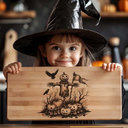 Archivo de Grabado para Tabla de Charcutería de Halloween, Diseño de Espantapájaros Embrujado con Calabaza - Imagen 4