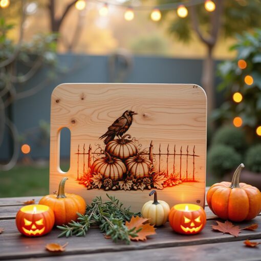 Archivo de grabado para tabla de charcutería de Halloween, Cuervo sobre calabazas, Decoración festiva - Imagen 2