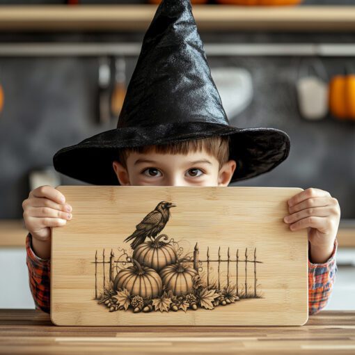 Archivo de grabado para tabla de charcutería de Halloween, Cuervo sobre calabazas, Decoración festiva - Imagen 3
