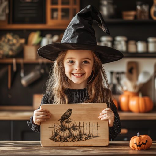 Archivo de grabado para tabla de charcutería de Halloween, Cuervo sobre calabazas, Decoración festiva - Imagen 4