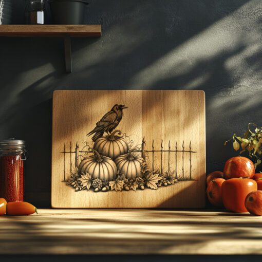 Archivo de grabado para tabla de charcutería de Halloween, Cuervo sobre calabazas, Decoración festiva - Imagen 5