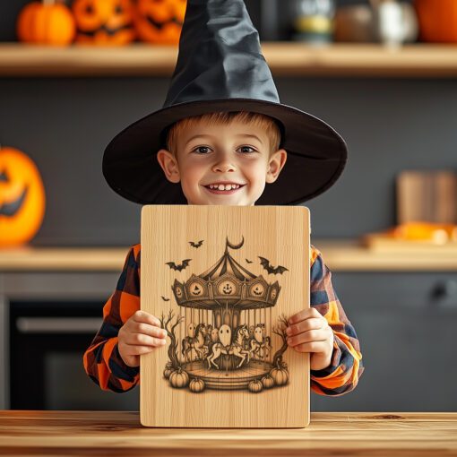 Archivo de grabado para tabla de charcutería de Halloween, Diseño de Carrusel de Fantasmas a la luz de la luna - Imagen 2